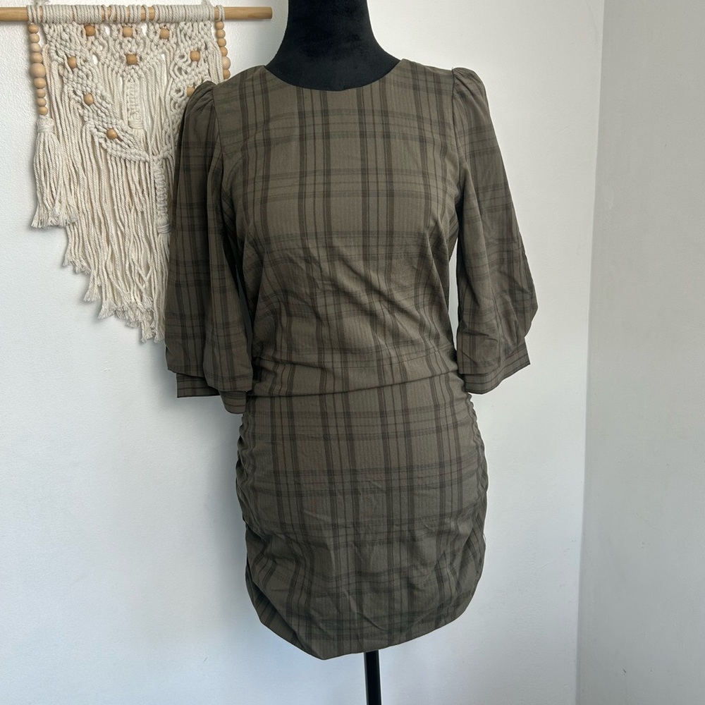ZARA DARK KHAKI CHECK DRESS TRF Gathered Detail 3/4 Sleeve Size M 3553